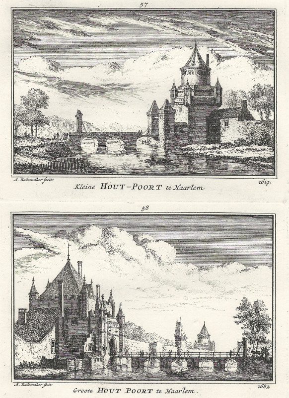 view Kleine Hout-Poort te Haarlem 1619; Groote Hout Poort te Haarlem 1682 by A. Rademaker