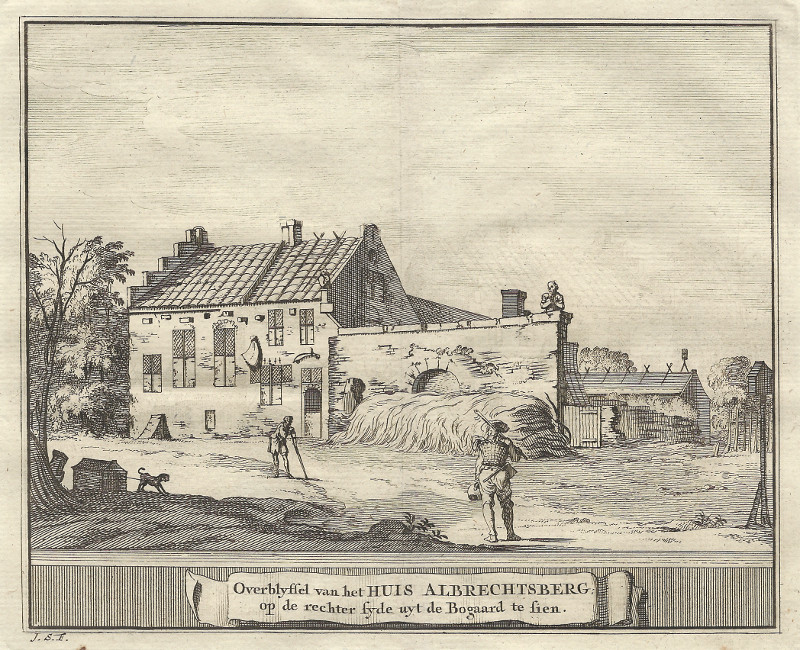 Overblijfsel van het Huis Albrechtsberg, op de rechter syde uyt de Bogaard te sien by J. Schijnvoet, naar R. Roghman