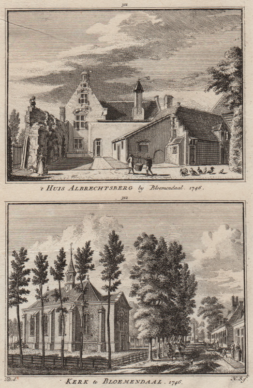 view ´t Huis Albrechtsberg by Bloemendaal 1746; Kerk te Bloemendaal by H. Spilman