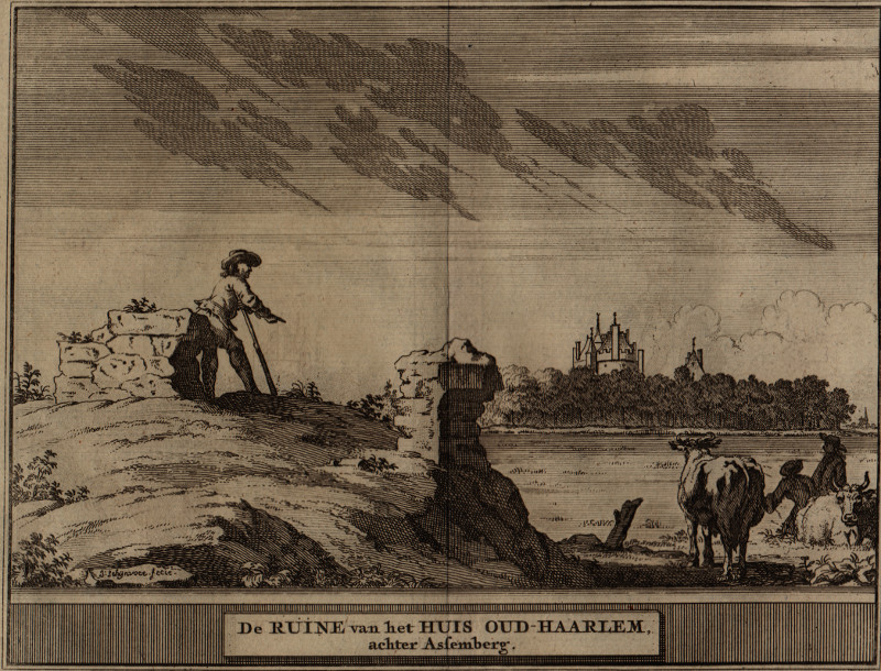 De ruine van het Huis Oud-Haarlem, achter Assemberg by J. Schijnvoet, naar R. Roghman