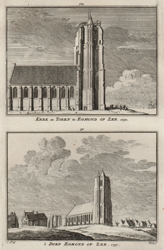 view Kerk en Toren te Egmond op Zee; ´t Dorp Egmond op Zee 1730 by H. Spilman, C. Pronk