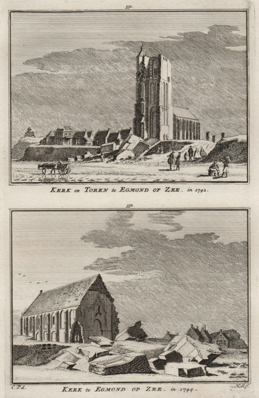 view Kerk en toren te Egmond op Zee in 1742; Kerk te Egmond op Zee, in 1744 by H. Spilman, C. Pronk