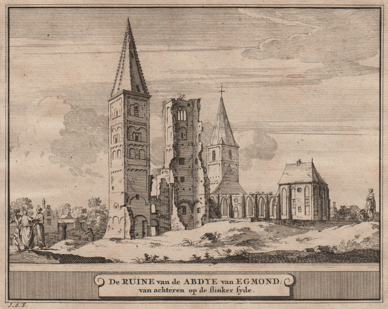 De Ruine van de Abdye van Egmond; van achteren op de slinker syde by J. Schijnvoet, naar R. Roghman