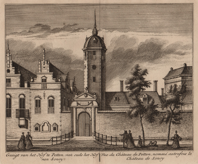 Gesigt van het Hof te Petten, van ouds het Hof van Sonoy; Vue du Chateau de Petten..  by L. Schenk, A. Rademaker