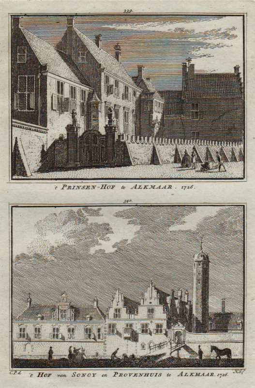 view ´t Prinsen-Hof te Alkmaar; ´t Hof van Sonoy en Provenhuis te Alkmaar; 1726 by H. Spilman, C. Pronk
