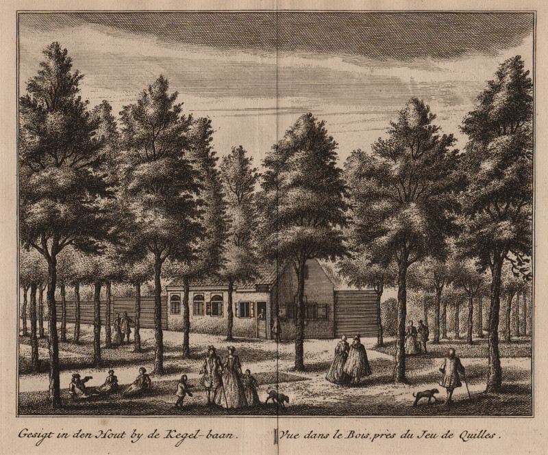 Gesigt in den Hout by de Kegel-baan; Vue dans le Bois, pres du Jeu de Quilles by L. Schenk, A. Rademaker