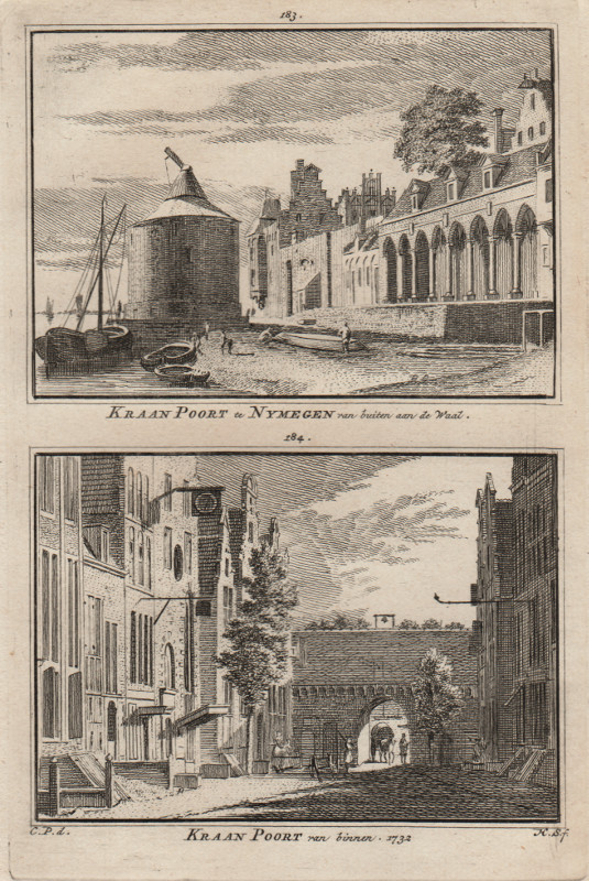 view Kraan Poort te Nymegen van buiten aan de Waal; Kraan Poort van binnen 1732 by H. Spilman, C. Pronk