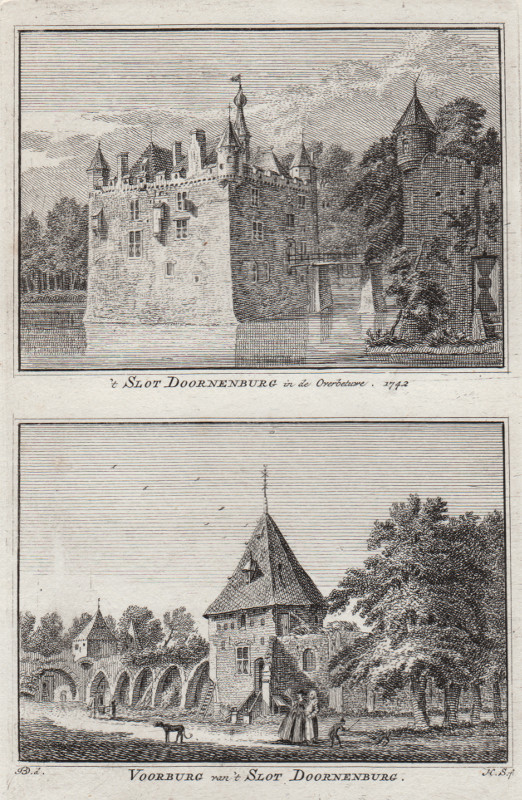 view ´t Slot Doornenburg in de Overbetuwe, 1742; Voorburg van ´t Slot Doornenburg by H. Spilman, J. de Beijer