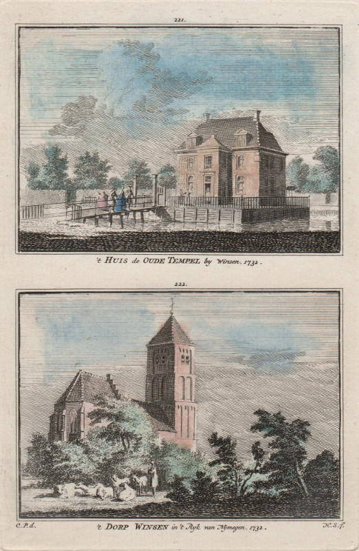 view ´T Huis de oude Tempel, by Winsen; ´t Dorp Winsen in ´t Ryk can Nymegen, 1732 by H. Spilman, C. Pronk