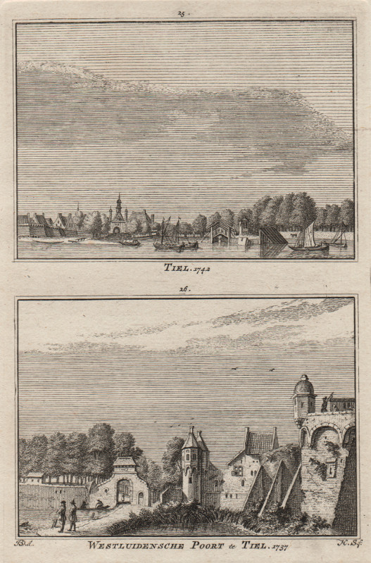 view Tiel, 1742; Westluidensche Poort te Tiel. 1737 by H. Spilman, J. de Beijer