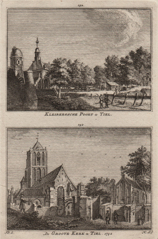 view Kleibergsche Poort te Tiel; De Groote Kerk te Tiel. 1742 by H. Spilman, J. de Beijer