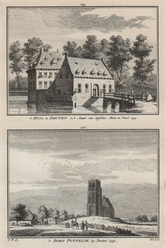 view ´t Huis te Druten in  Ampt van tusschen Maas en Waal; ´t Dorp Puffelik by Druten by H. Spilman, C. Pronk