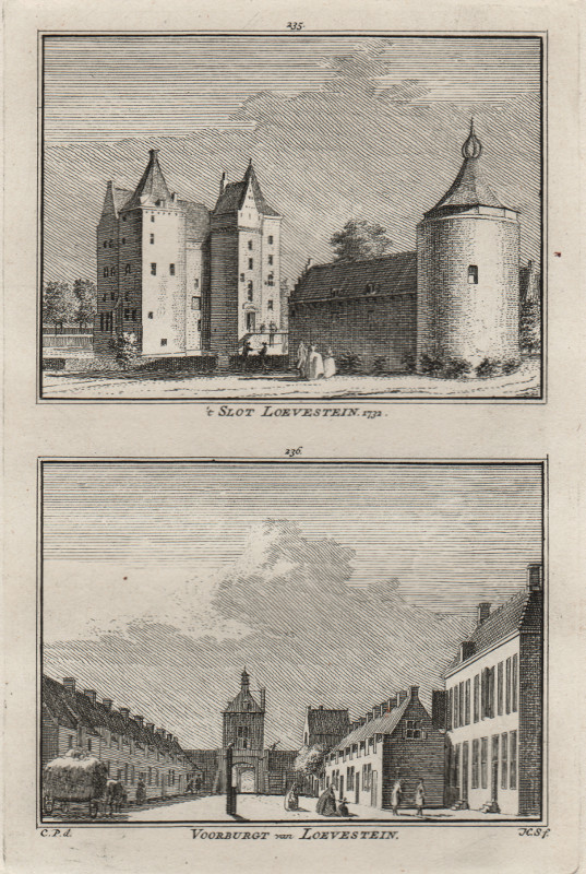 view ´t Slot Loevestein, 1732; Voorburgt van Loevestein by H. Spilman, C. Pronk