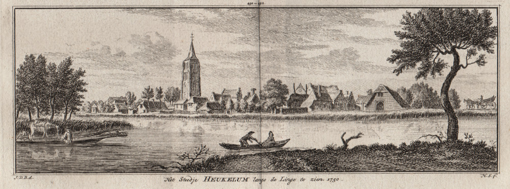 Het Steedje Heukelum langs de Linge te zien. 1750 by H. Spilman, J. de Beijer