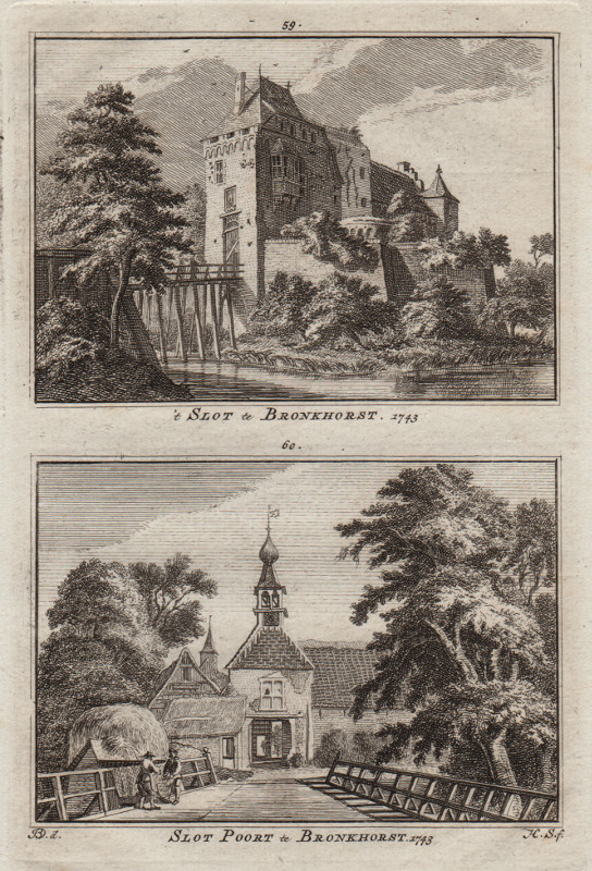 view ´t Slot te Bronkhorst, Slot Poort te Bronkhorst,  1743 by H. Spilman, J. de Beijer