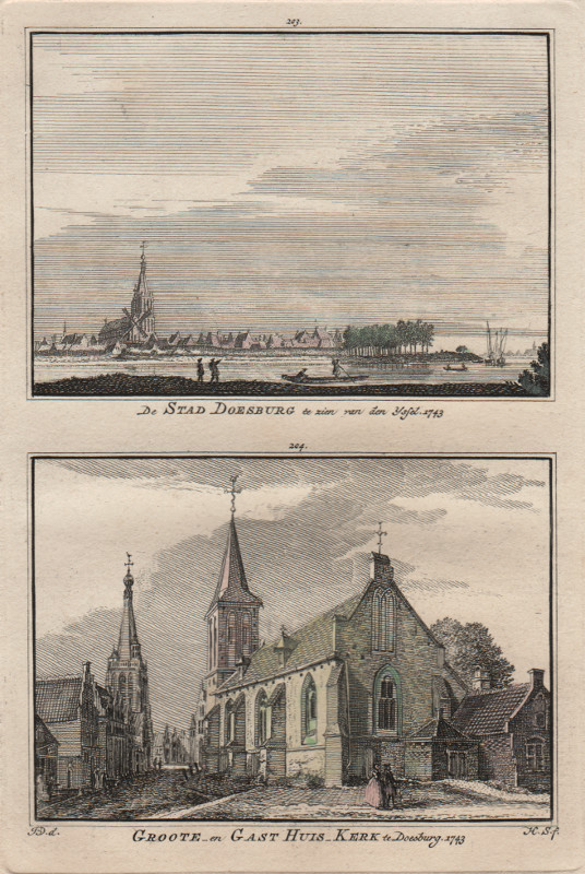 view De Stad Doesburg te zien van den Yssel, Groote en Gast Huis Kerk te Doesburg,  1743 by H. Spilman, J. de Beijer