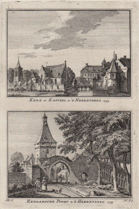 view Kerk en Kasteel te ´s Heerenberg, Zeddamsche Poort te ´s Heerenberg 1743 by H. Spilman, J. de Beijer