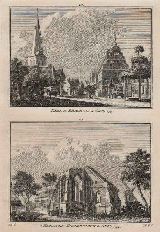 view Kerk en Raadhuis te Grol; ´t Klooster Engelhuizen te Grol. 1743 by H. Spilman, J. de Beijer