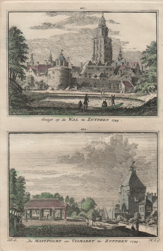 view Gezigt op de Wal te Zutphen; De Mastpoort en Vismarkt te Zutphen 1744 by H. Spilman, J. de Beijer