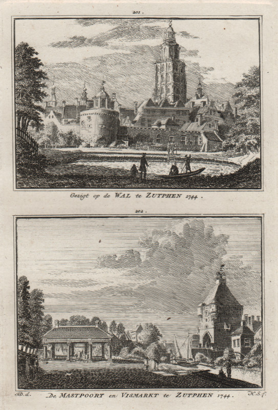 view Gezigt op de Wal te Zutphen; De Mastpoort en Vismarkt te Zutphen 1744 by H. Spilman, J. de Beijer