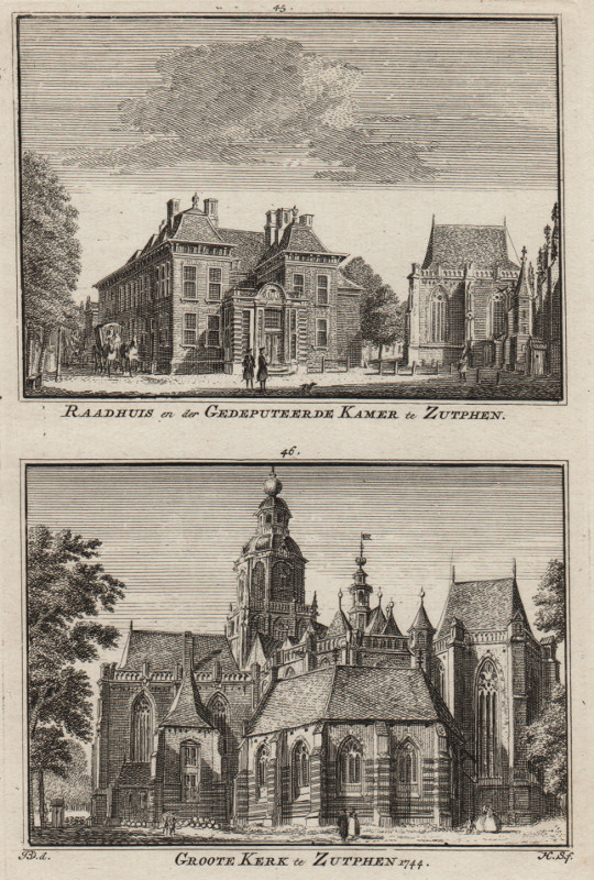 view Raadhuis en der Gedeputeerde Kamer te Zutphen; Groote Kerk te Zutphen 1744 by H. Spilman, J. de Beijer
