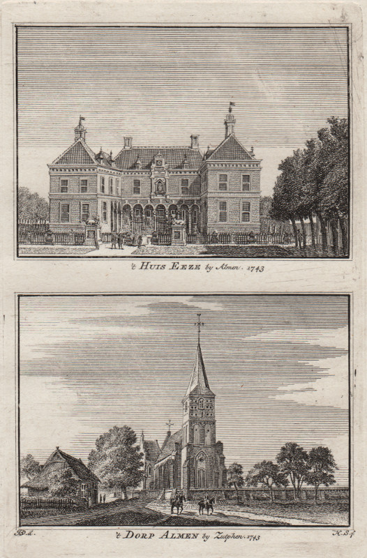 view ´t Huis Eeze by Almen; ´t Dorp Almen by Zutphen 1743 by H. Spilman, J. de Beijer