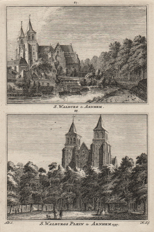 view S. Walburg te Arnhem;  S. Walburgs Plein te Arnhem 1737 by H. Spilman, J. de Beijer