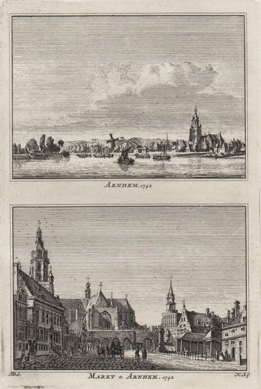 view Arnhem 1742; Markt te Arnhem 1742. by H. Spilman, J. de Beijer