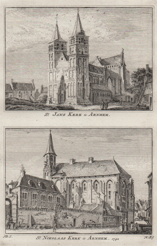view St. Jans Kerk te Arnhem; St. Nikolaas Kerk te Arnhem. 1742 by H. Spilman, J. de Beijer