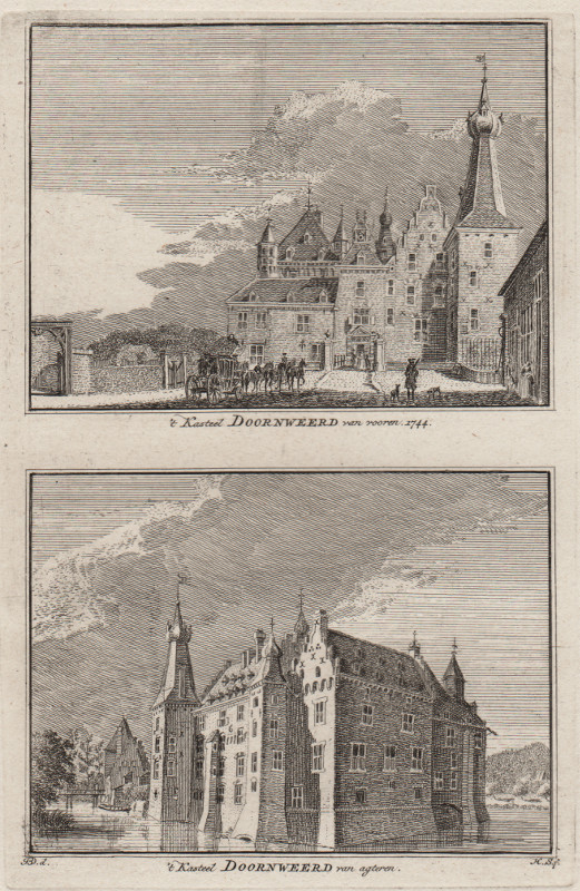 view ´t Kasteel Doornweerd van vooren. 1744; ´t Kasteel Doornweerd van agteren by H. Spilman, J. de Beijer