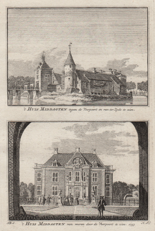 view ´t Huis Middagten tegen de Voorpoort en van ter Zyde te zien; van vooren door de Voorpoort te  by H. Spilman, J. de Beijer