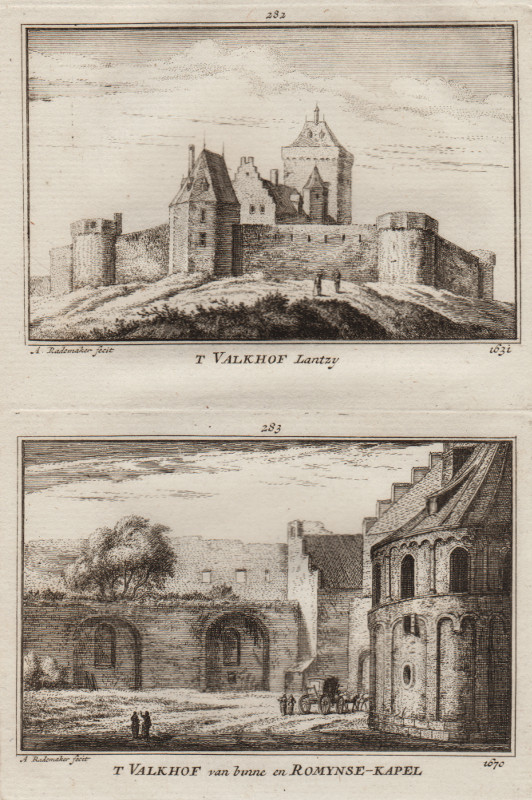 view ´t Valkhof Lantzy 1631; ´t Valkhof van binne en Romynse-kapel 1670 by A. Rademaker