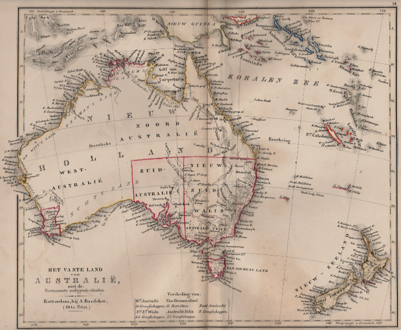 Het Vaste Land van Australië met de Voornaamste omliggende eilanden by D. Heyse, A. Baedeker