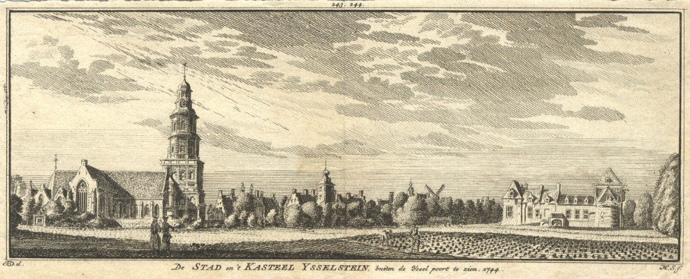 De Stad en ´t Kasteel Ysselstein buiten de Yssel poort te zien. 1744 by H. Spilman, J. de Beijer