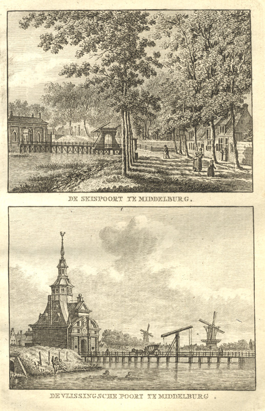 view De Seispoort te Middelburg; De Vlissingsche poort te Middelburg. by C.F. Bendorp, J. Bulthuis
