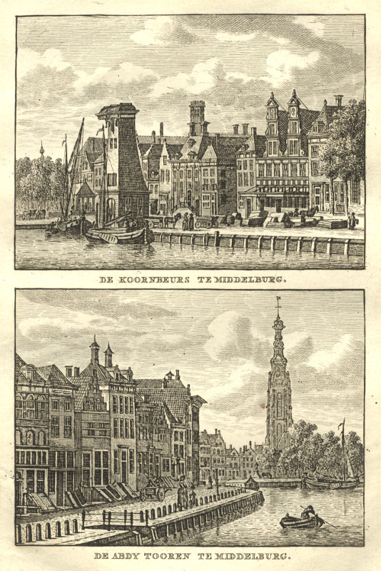 view De Koornbeurs te Middelburg; De Abdy Tooren te Middelburg by C.F. Bendorp, J. Bulthuis