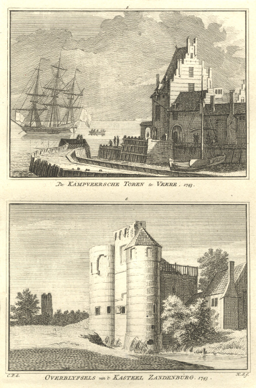 view De Kampveersche Toren te Veere; Overblyfsels van ´t kasteel Zandenburg by H. Spilman, C. Pronk