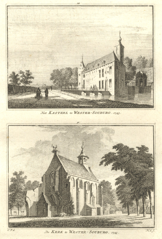 view Het Kasteel te Wester-Souburg; De Kerk te Wester-Souburg 1743 by H. Spilman, C. Pronk