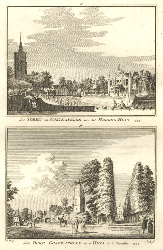 view De Toren van Oostkapelle met het Heeren-Huis; Het Dorp Oostkapelle en ´t Huis in ´t vers by H. Spilman, C. Pronk