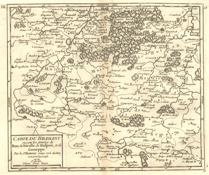 Carte du Brabant ou sont les Mairies de Roo, de Nivelle, de Hulpen, et de Geneppe by M. Robert