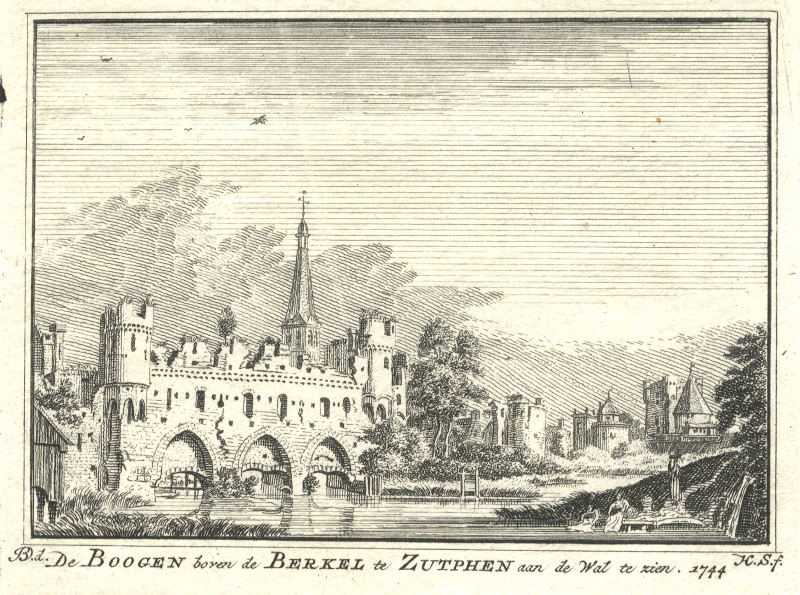 De Boogen boven de Berkel te Zutphen aan de Wal te zien.  1744 by H. Spilman, J. de Beijer
