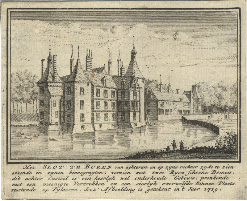 Het Slot te Buren, van achteren en op zyne rechter zyde te zien by J.M. Bregmagher, naar A. Rademaker