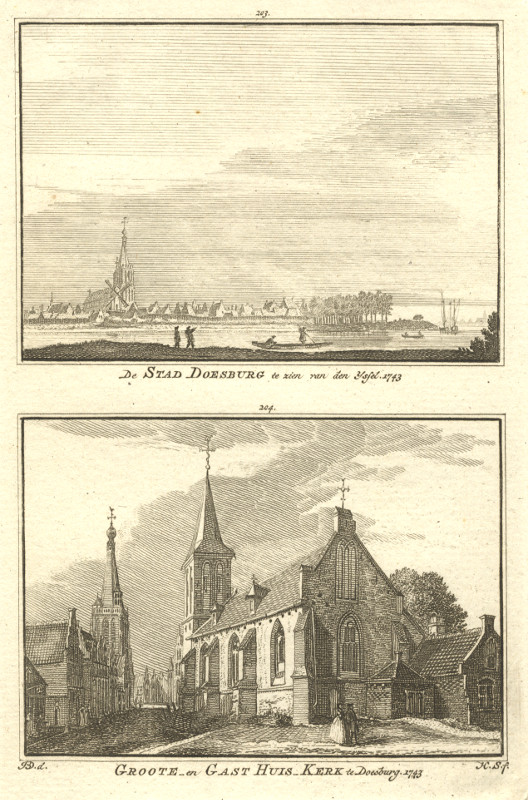 view De Stad Doesburg te zien van den Yssel, Groote en GastHuis Kerk te Doesburg, 1743 by H. Spilman, J. de Beijer