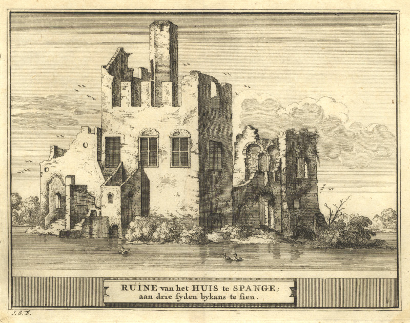Ruine van het Huis te Spange; aan drie syden bykans te sien by J. Schijnvoet, naar R. Roghman