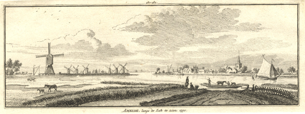 Ameide, langs de Lek te zien. 1750 by H. Spilman naar J. de Beijer