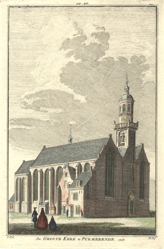 view De Groote kerk te Purmerende. 1726. by H. Spilman, C. Pronk