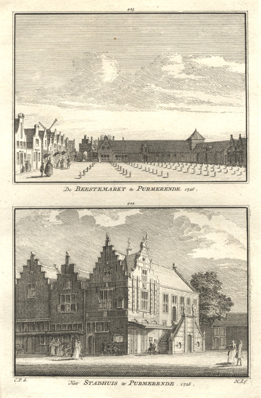 view De Beestemarkt te Purmerende; Het Stadhuis te Purmerende 1726 by H. Spilman, C. Pronk
