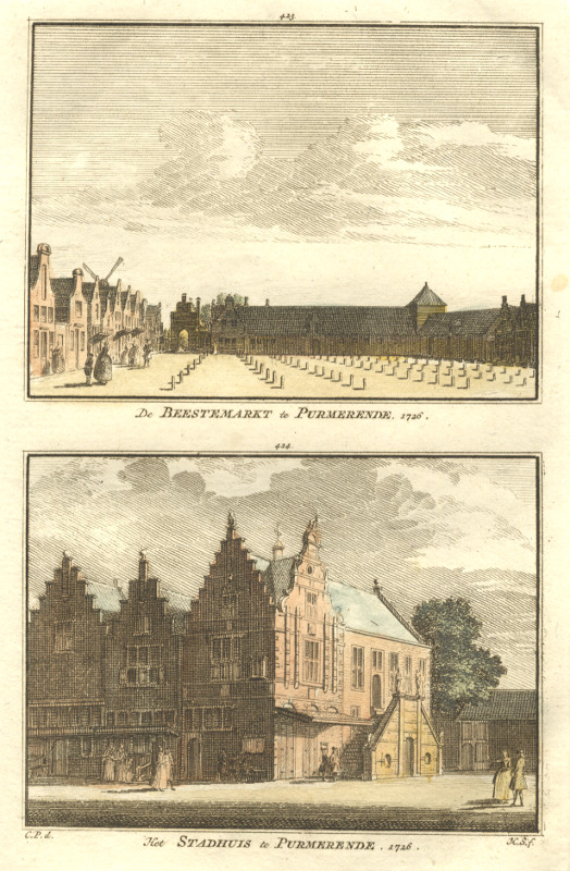view De Beestemarkt te Purmerende; Het Stadhuis te Purmerende 1726 by H. Spilman, C. Pronk