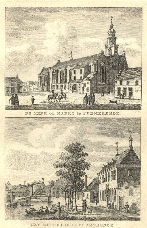 view De kerk en Markt, Het Weeshuis te Purmerende by C.F. Bendorp, J. Bulthuis