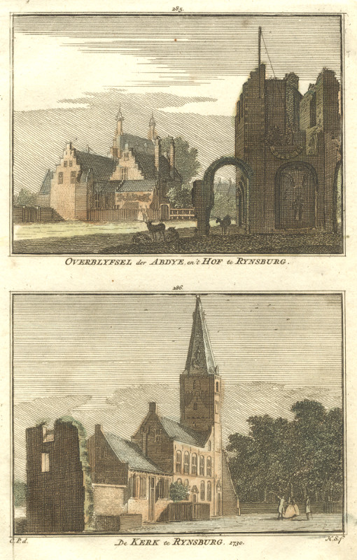 view Overblyfsel der Abdye en ´t Hof te Rynsburg; De kerk te Rynsburg by H. Spilman, C. Pronk